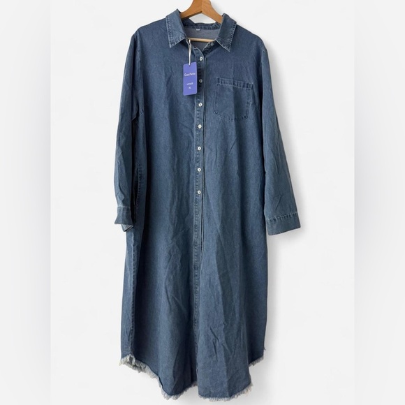 Denim Long Sleeve Shirt Dress - Picture 1 of 4